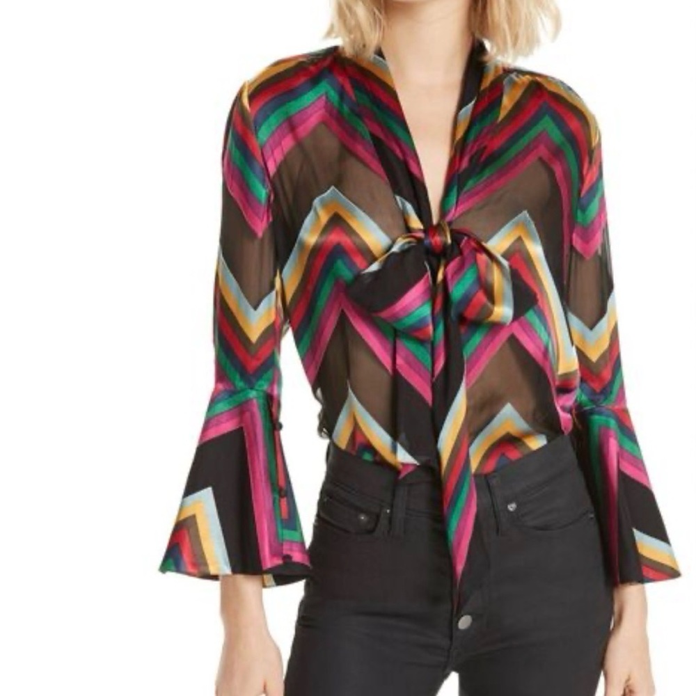 Alice + Olivia Black Sheer Chevron Tie-Neck Blouse with Pink, Green & Yellow